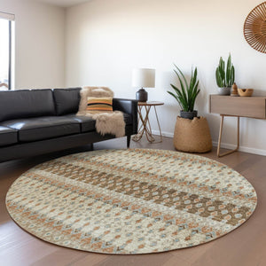 HomeRoots 8' Burnt Sienna, Ivory & Blue Tribal Round Rug – Washable, UV Protected & Stain Resistant Beauty! 643800