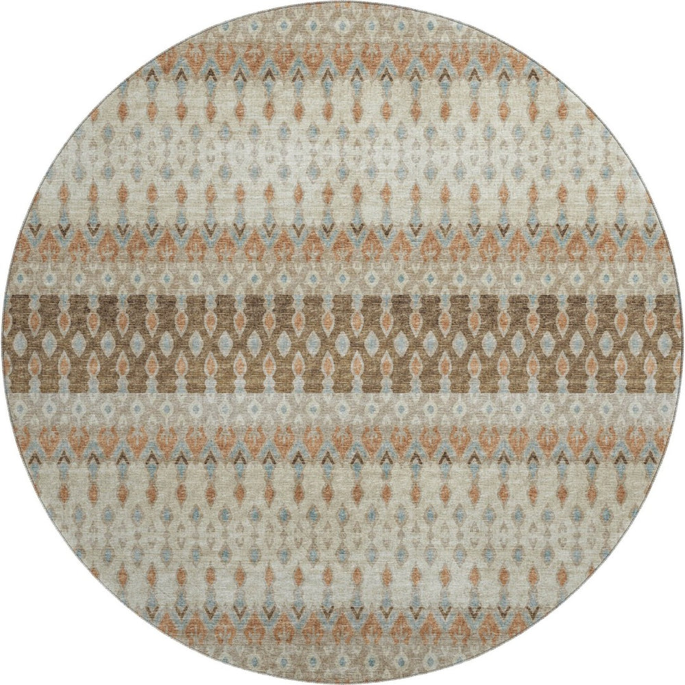 HomeRoots 8' Burnt Sienna, Ivory & Blue Tribal Round Rug – Washable, UV Protected & Stain Resistant Beauty! 643800