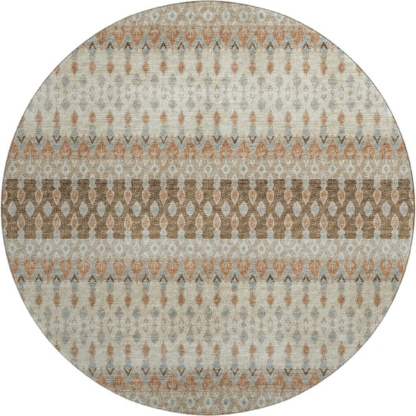 HomeRoots 8' Burnt Sienna, Ivory & Blue Tribal Round Rug – Washable, UV Protected & Stain Resistant Beauty! 643800