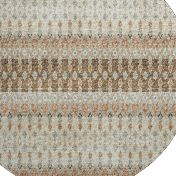 HomeRoots 8' Burnt Sienna, Ivory & Blue Tribal Round Rug – Washable, UV Protected & Stain Resistant Beauty! 643800