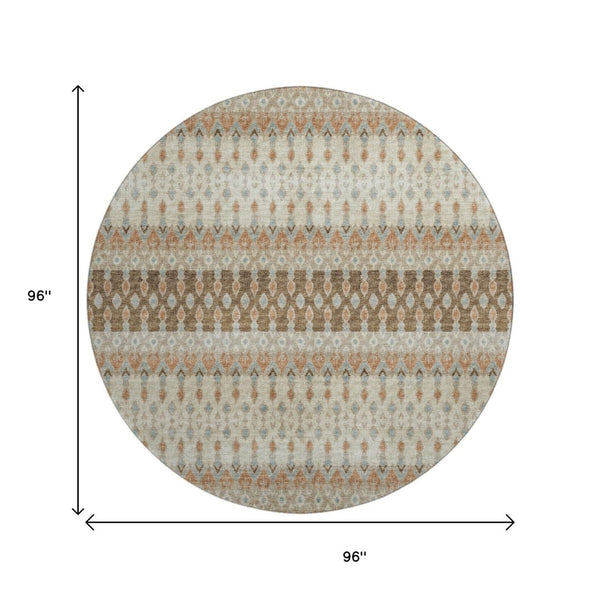 HomeRoots 8' Burnt Sienna, Ivory & Blue Tribal Round Rug – Washable, UV Protected & Stain Resistant Beauty! 643800