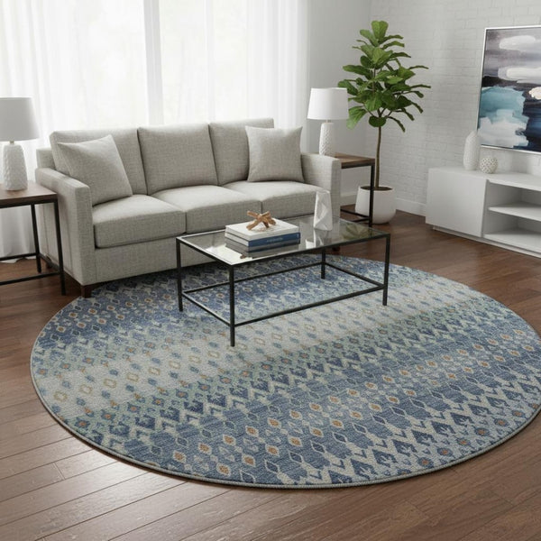 HomeRoots 8' Vibrant Aqua, Gray & Orange Tribal Washable Round Rug - UV Protected, Stain Resistant, Durable Design 643806
