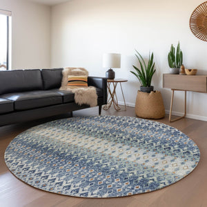 HomeRoots 8' Vibrant Aqua, Gray & Orange Tribal Washable Round Rug - UV Protected, Stain Resistant, Durable Design 643806