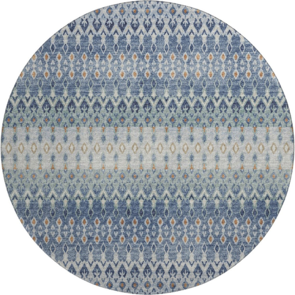 HomeRoots 8' Vibrant Aqua, Gray & Orange Tribal Washable Round Rug - UV Protected, Stain Resistant, Durable Design 643806