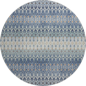 HomeRoots 8' Vibrant Aqua, Gray & Orange Tribal Washable Round Rug - UV Protected, Stain Resistant, Durable Design 643806