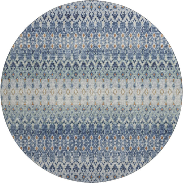HomeRoots 8' Vibrant Aqua, Gray & Orange Tribal Washable Round Rug - UV Protected, Stain Resistant, Durable Design 643806