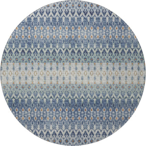 HomeRoots 8' Vibrant Aqua, Gray & Orange Tribal Washable Round Rug - UV Protected, Stain Resistant, Durable Design 643806