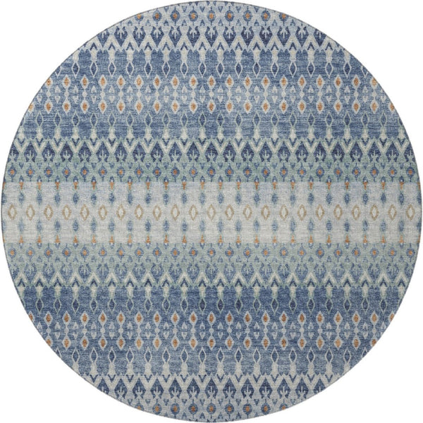HomeRoots 8' Vibrant Aqua, Gray & Orange Tribal Washable Round Rug - UV Protected, Stain Resistant, Durable Design 643806