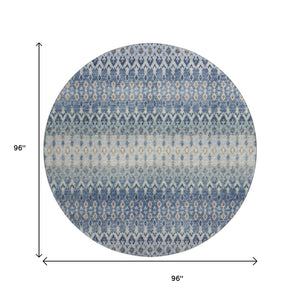 HomeRoots 8' Vibrant Aqua, Gray & Orange Tribal Washable Round Rug - UV Protected, Stain Resistant, Durable Design 643806