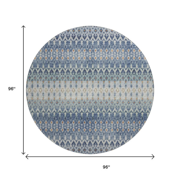 HomeRoots 8' Vibrant Aqua, Gray & Orange Tribal Washable Round Rug - UV Protected, Stain Resistant, Durable Design 643806