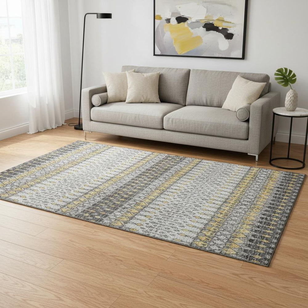 HomeRoots 5' Gray and Gold Tribal Area Rug - Washable, UV Protected, Durable, Perfect for Busy Homes! 643811