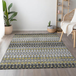 HomeRoots 5' Gray and Gold Tribal Area Rug - Washable, UV Protected, Durable, Perfect for Busy Homes! 643811
