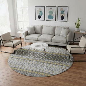 HomeRoots 8' Gray and Gold Tribal Round Rug - Stylish, Washable, UV Protected for Busy Homes & Family Spaces 643812