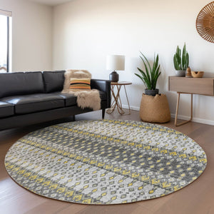 HomeRoots 8' Gray and Gold Tribal Round Rug - Stylish, Washable, UV Protected for Busy Homes & Family Spaces 643812