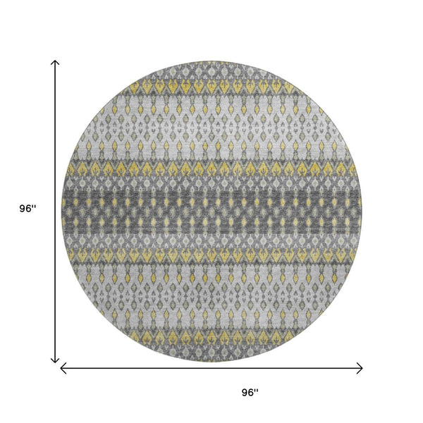 HomeRoots 8' Gray and Gold Tribal Round Rug - Stylish, Washable, UV Protected for Busy Homes & Family Spaces 643812