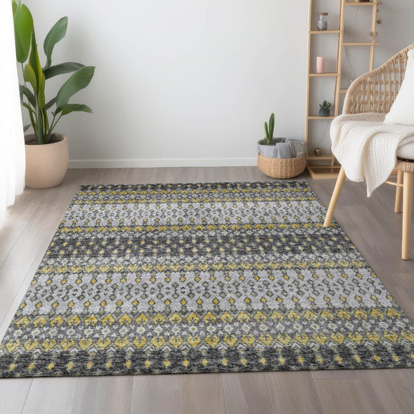 HomeRoots 8' X 10' Gray and Gold Tribal Area Rug - Durable, Washable, UV-Protected for High-Traffic Homes 643813