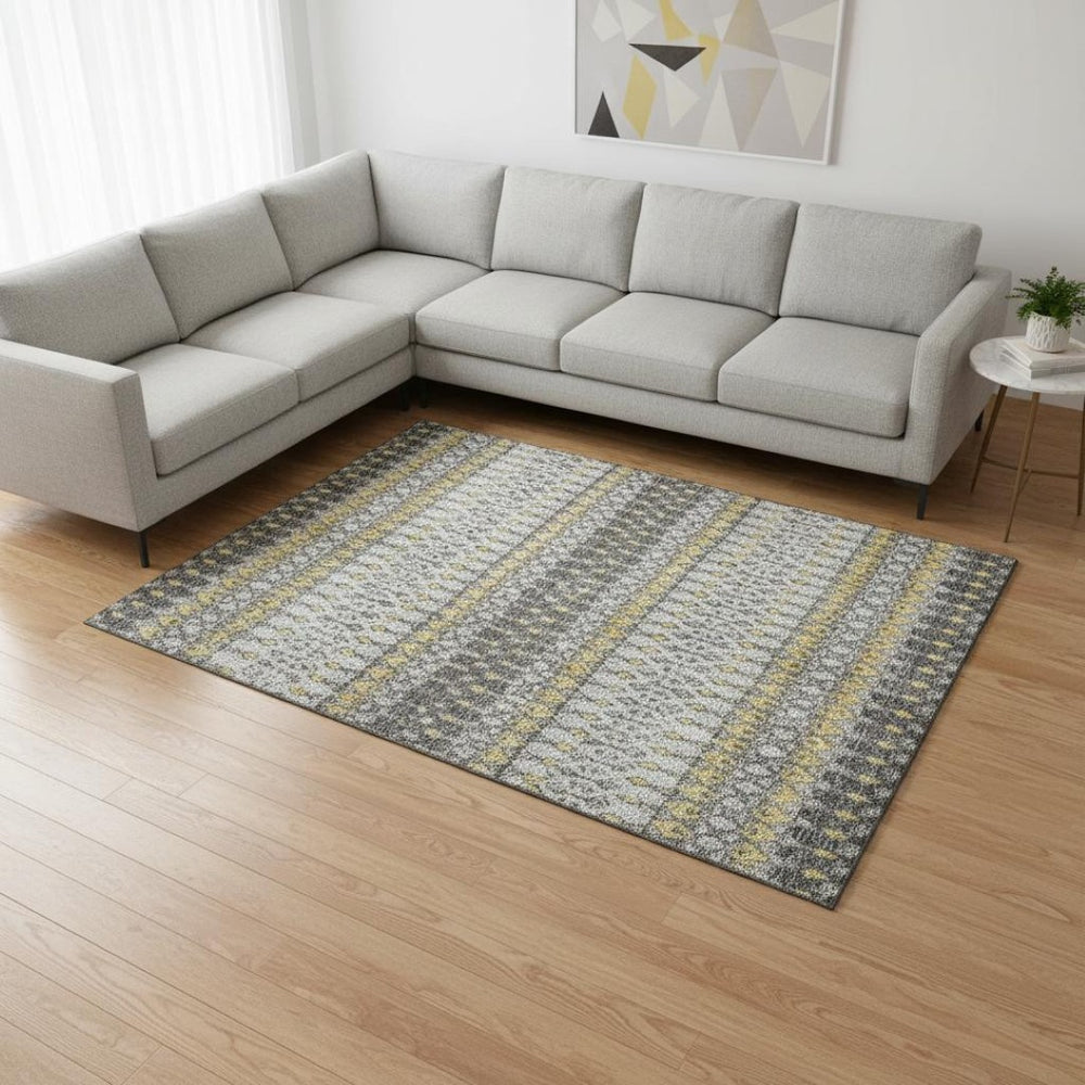 HomeRoots 9' X 12' Gray and Gold Tribal Area Rug – Durable, Washable, UV Protected for High-Traffic Spaces 643814