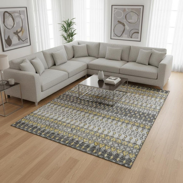 HomeRoots 10' X 14' Gray And Gold Tribal Area Rug - Washable, UV Protected, Durable for High-Traffic Homes 643815