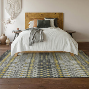 HomeRoots 10' X 14' Gray And Gold Tribal Area Rug - Washable, UV Protected, Durable for High-Traffic Homes 643815