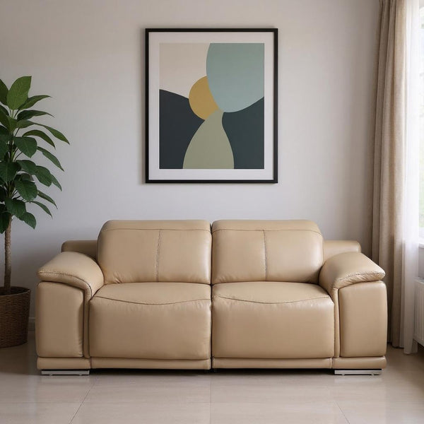HomeRoots 80" Luxurious Beige Leather Power Reclining Loveseat with Silver Accents for Modern Comfort & Style 643817