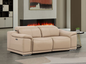 HomeRoots 80" Luxurious Beige Leather Power Reclining Loveseat with Silver Accents for Modern Comfort & Style 643817
