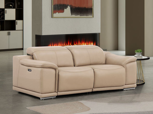 HomeRoots 80" Luxurious Beige Leather Power Reclining Loveseat with Silver Accents for Modern Comfort & Style 643817