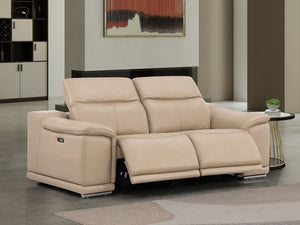 HomeRoots 80" Luxurious Beige Leather Power Reclining Loveseat with Silver Accents for Modern Comfort & Style 643817
