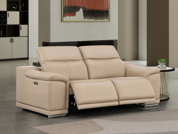 HomeRoots 80" Luxurious Beige Leather Power Reclining Loveseat with Silver Accents for Modern Comfort & Style 643817