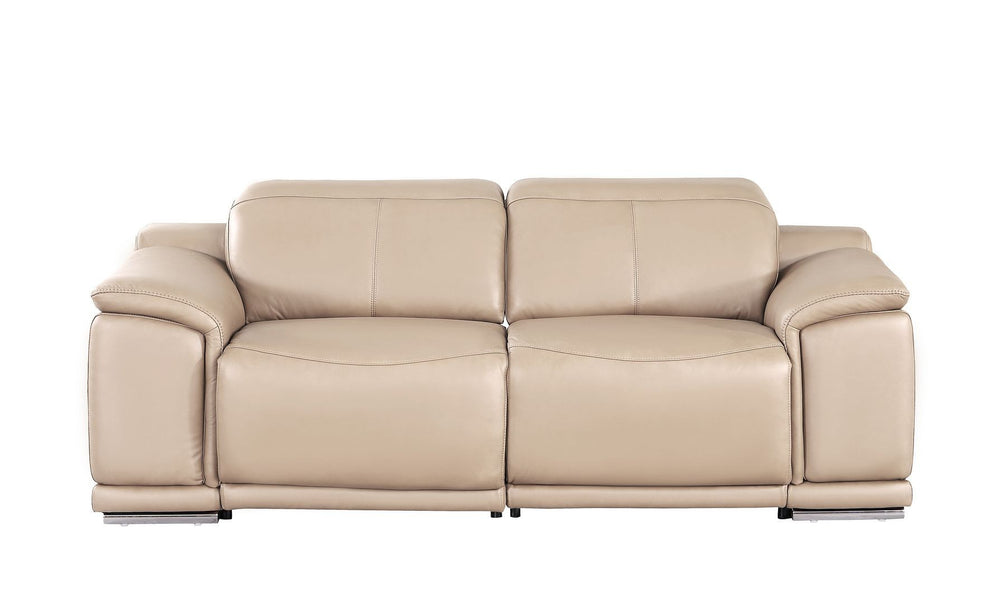 HomeRoots 80" Luxurious Beige Leather Power Reclining Loveseat with Silver Accents for Modern Comfort & Style 643817