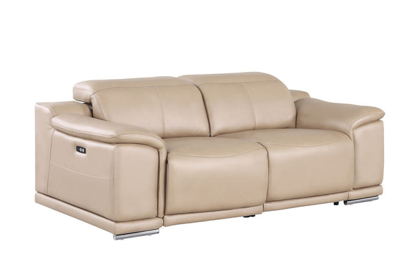 HomeRoots 80" Luxurious Beige Leather Power Reclining Loveseat with Silver Accents for Modern Comfort & Style 643817