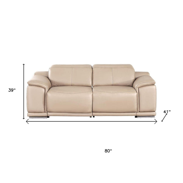 HomeRoots 80" Luxurious Beige Leather Power Reclining Loveseat with Silver Accents for Modern Comfort & Style 643817
