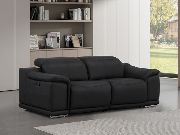 HomeRoots 80" Luxurious Black Leather Power Reclining Loveseat with Silver Accents for Modern Comfort & Style 643818