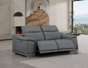 HomeRoots 80" Luxurious Battleship Gray Leather Power Reclining Loveseat with Silver Legs for Ultimate Comfort 643819