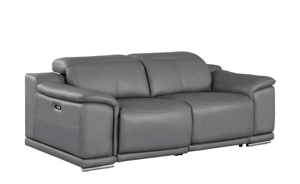 HomeRoots 80" Luxurious Battleship Gray Leather Power Reclining Loveseat with Silver Legs for Ultimate Comfort 643819