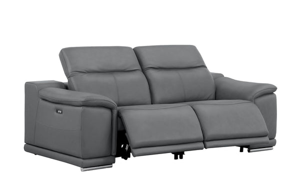 HomeRoots 80" Luxurious Battleship Gray Leather Power Reclining Loveseat with Silver Legs for Ultimate Comfort 643819