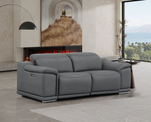 HomeRoots 80" Luxurious Battleship Gray Leather Power Reclining Loveseat with Silver Legs for Ultimate Comfort 643819