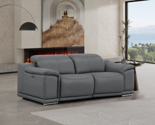 HomeRoots 80" Luxurious Battleship Gray Leather Power Reclining Loveseat with Silver Legs for Ultimate Comfort 643819