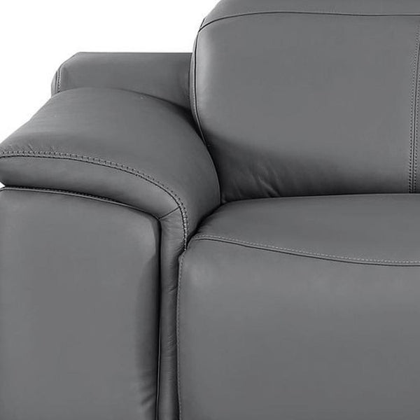 HomeRoots 80" Luxurious Battleship Gray Leather Power Reclining Loveseat with Silver Legs for Ultimate Comfort 643819