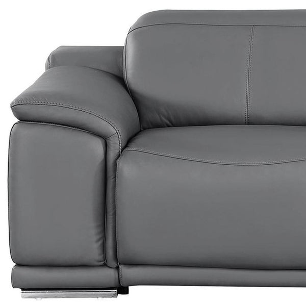 HomeRoots 80" Luxurious Battleship Gray Leather Power Reclining Loveseat with Silver Legs for Ultimate Comfort 643819