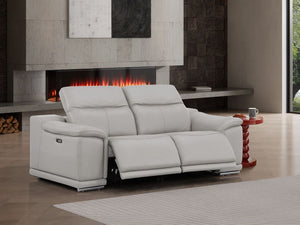 HomeRoots 80" Ash Gray Leather Power Reclining Loveseat - Luxurious Comfort with Modern Silver Accents & Style 643820