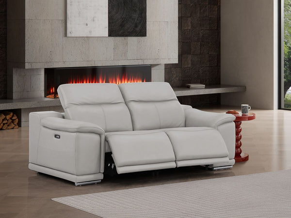 HomeRoots 80" Ash Gray Leather Power Reclining Loveseat - Luxurious Comfort with Modern Silver Accents & Style 643820