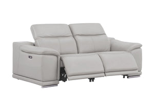 HomeRoots 80" Ash Gray Leather Power Reclining Loveseat - Luxurious Comfort with Modern Silver Accents & Style 643820