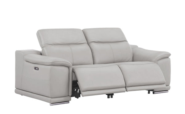 HomeRoots 80" Ash Gray Leather Power Reclining Loveseat - Luxurious Comfort with Modern Silver Accents & Style 643820