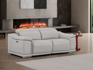 HomeRoots 80" Ash Gray Leather Power Reclining Loveseat - Luxurious Comfort with Modern Silver Accents & Style 643820