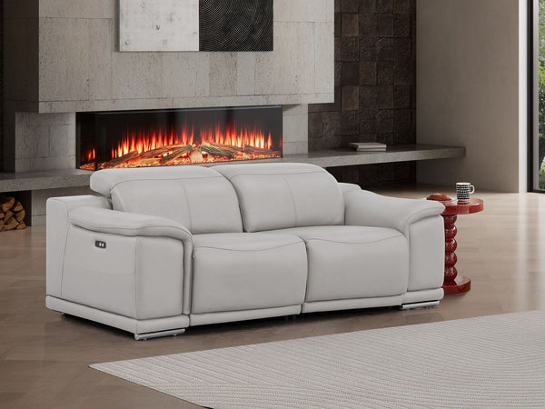 HomeRoots 80" Ash Gray Leather Power Reclining Loveseat - Luxurious Comfort with Modern Silver Accents & Style 643820