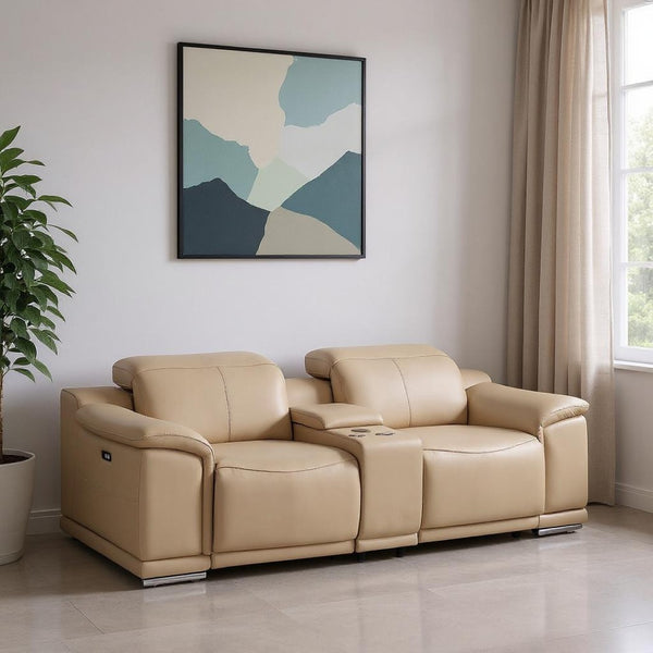 HomeRoots 93" Beige Leather Power Reclining Loveseat - Luxurious Comfort, Modern Design & Effortless Relaxation 643823