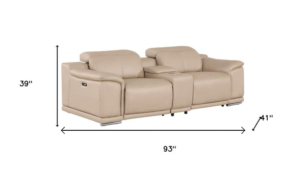 HomeRoots 93" Beige Leather Power Reclining Loveseat - Luxurious Comfort, Modern Design & Effortless Relaxation 643823