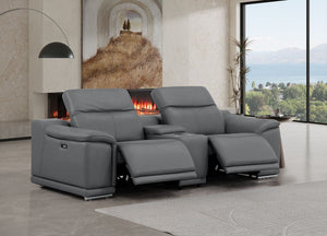 HomeRoots 93" Battleship Gray Leather Power Reclining Loveseat with Plush Comfort & Modern Silver Accents 643825