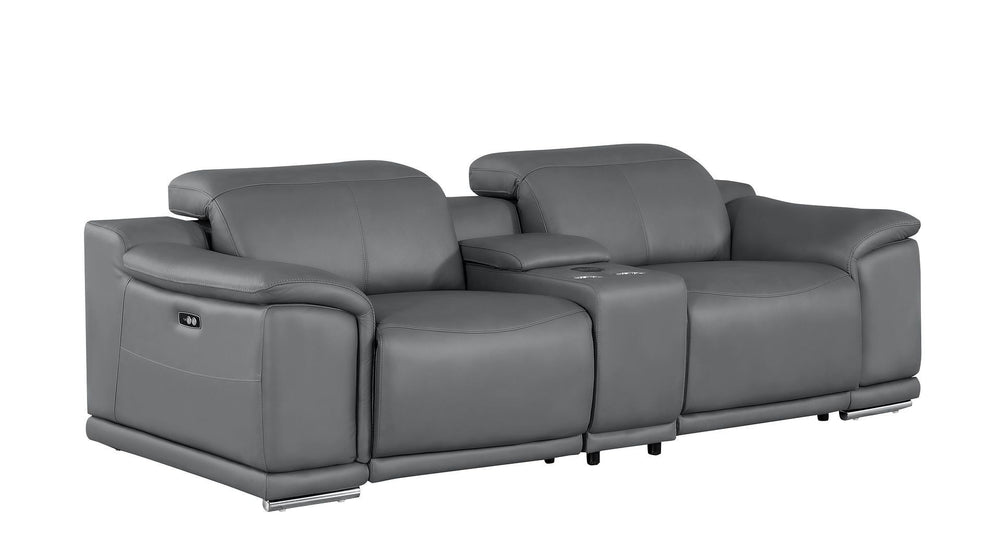 HomeRoots 93" Battleship Gray Leather Power Reclining Loveseat with Plush Comfort & Modern Silver Accents 643825