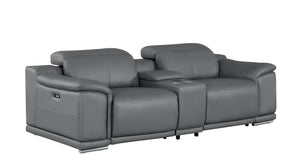 HomeRoots 93" Battleship Gray Leather Power Reclining Loveseat with Plush Comfort & Modern Silver Accents 643825